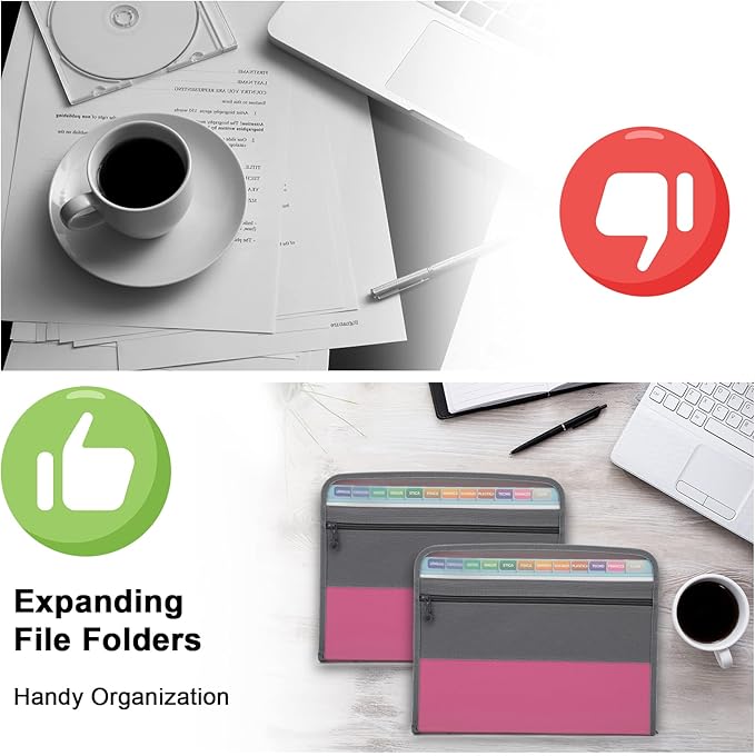 NAFY Expanding File Folders, 2Pack 13 Pockets Document Organizer with Zipper, A4 Letter Size Portable Accordion Expanding File Folders with Multicolor Labels for Office School Supplies (Black+Pink)