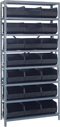 Quantum 2475-485BK Heavy Duty Shelving Unit with (8) Shelves and (21) SSB485 Black Bins for Industrial Warehouse Storage Distribution | 400 lbs Capacity | 24"D x 36"L x 75"H, Galvanized Carbon Steel