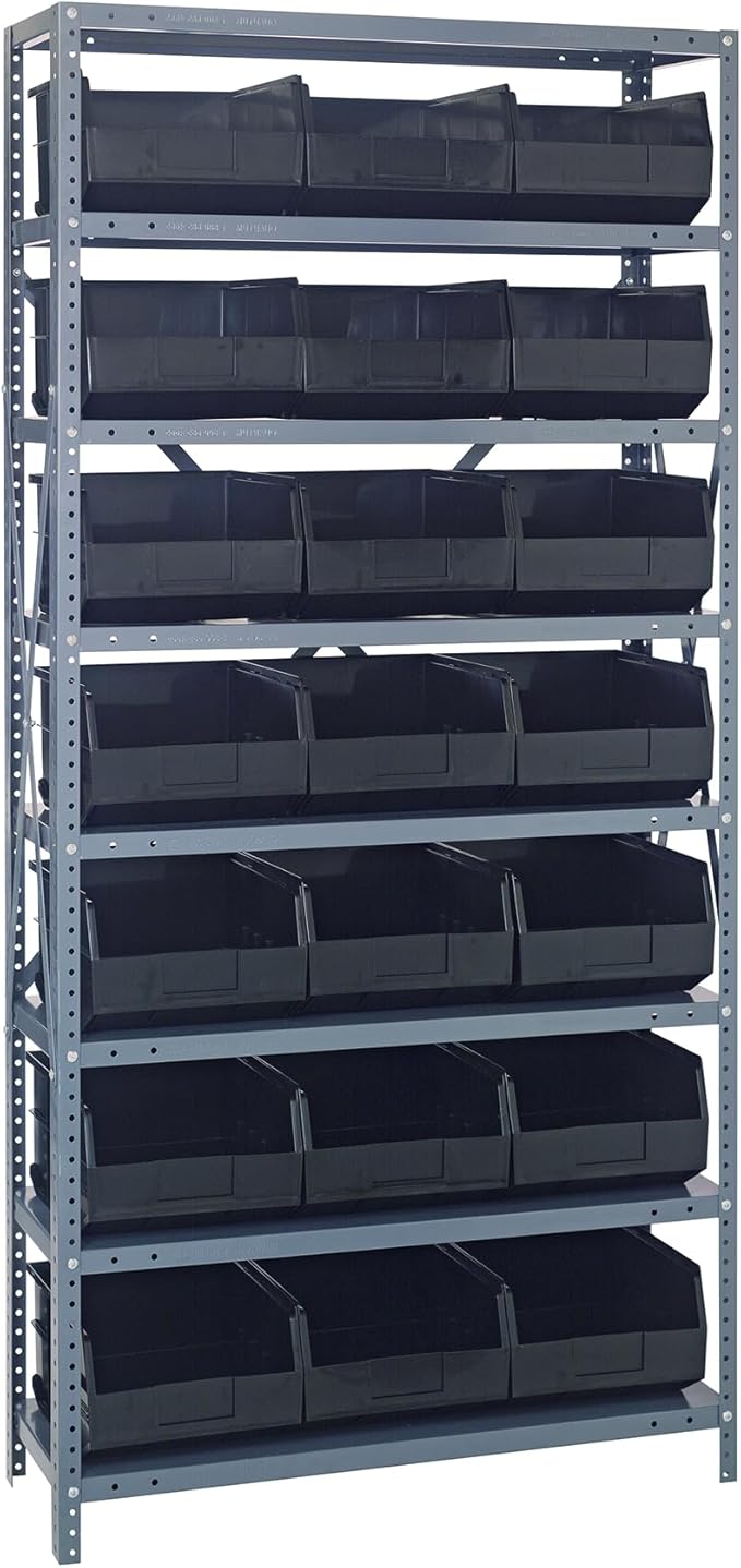 Quantum 2475-485BK Heavy Duty Shelving Unit with (8) Shelves and (21) SSB485 Black Bins for Industrial Warehouse Storage Distribution | 400 lbs Capacity | 24"D x 36"L x 75"H, Galvanized Carbon Steel