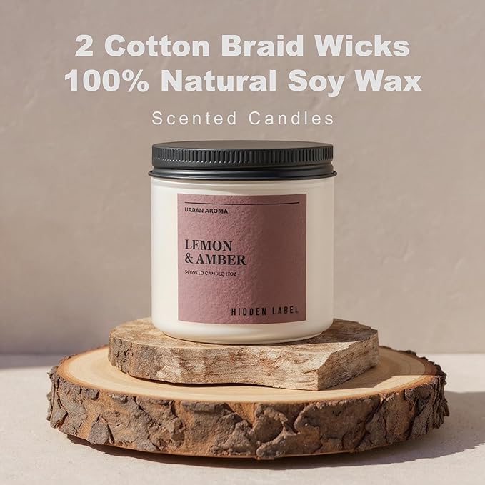 Hidden Label Lemon & Amber Scented Candle | 12oz Natural Soy Candle | Warm Citrus & Golden Amber | 70-Hour Clean Burn | Modern Boho Home Décor | Cozy Hygge Gift for Women, Housewarming
