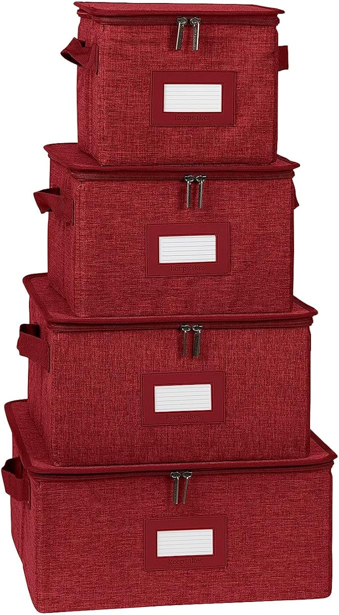Covermates Dish Storage Box Set – China & Dinner Plate Storage Containers with Felt Dividers, Dual Zippers, Reinforced Handles, ID Window & Stackable Design, Red Heather
