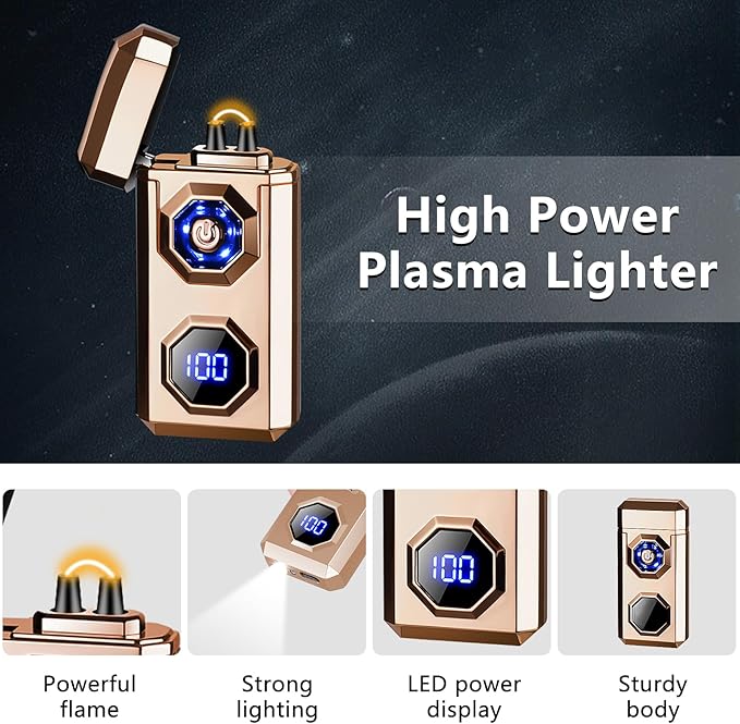 SKRFIRE Electric Rechargeable USB C Arc Plasma Lighter High Power Flame Cool Windproof Electronic Candle Lighters with LED Flashlight for Candle, Firework, Incense (Gold)