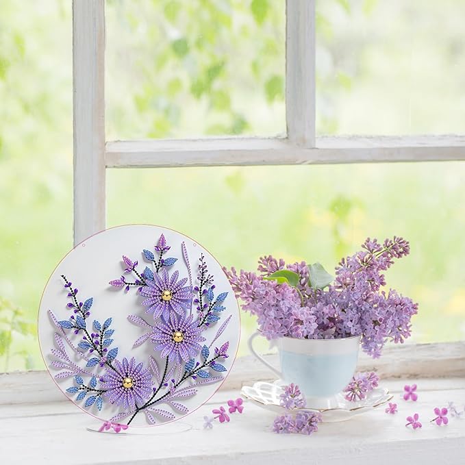 ARTopet DIY Diamond Desktop Ornament PET Irregular Shape Special Shaped Crystal Double Sided Pattern Single Sided Diamond Art Painting Tabletop Home Ornaments Decor (Purple Flowers01)