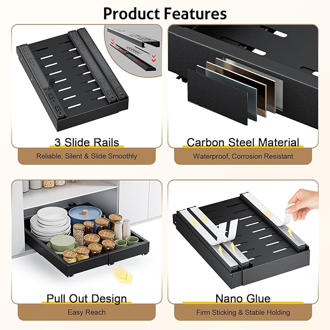 Upgrade Pull Out Cabinet Organizer, Expandable Width (11.4"-18.9") Depth (16.3"-21.7") Pull out Drawers for Cabinets with 3 Rails, No Drill Adhesive Film or Nail Slide out Drawers for Kitchen, Pantry