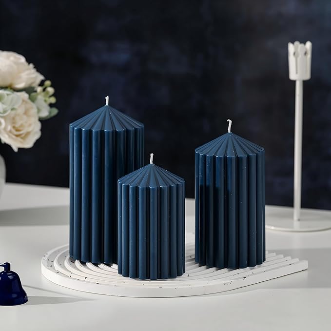 3 Pack Blue Ribbed Pillar Candles - Soy Wax Unscented, 2.76" x4.2/4.9/5.9 in Smokeless Non Toxic Cotton Wick, Aesthetic Modern Candles for Home Decor, Dinner Table, Living Room, Housewarming Gift