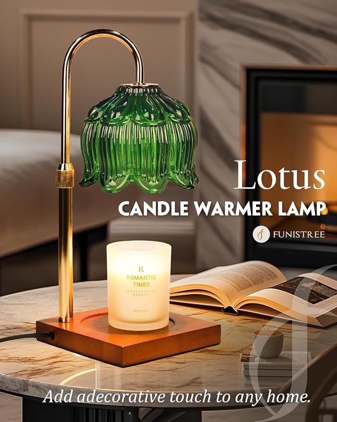 Green Candle Warmer Lamp with Timer & Dimmer, Candle Lamp Warmer Adjustable Height, Mothers Day Birthday Gifts for Women Mom, House Warming New Home Decor,Lotus Flower Wax Warmer for Jar Candles