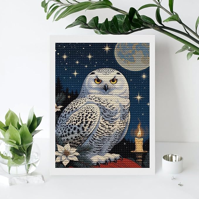 KIVJMSIDJA Snowy Owl & Candle Glow - Winter Night Scene Diamond Art Kits for Adults for Beginners, 5D Full Diamond Art Paint 12"x16"