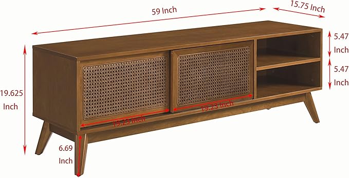 Amposei Mid Century Modern Wooden TV Stand Entertainment Center for 55/60/65 inch TVs, Sliding Rattan Door Console Storage Cabinet with Wood Legs for Living Room, Brown Ebony