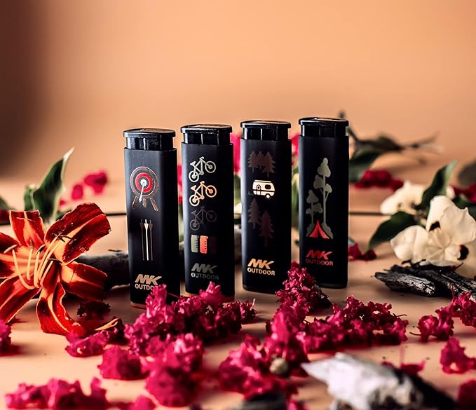 MK Lighter Outdoor Series Alpine Set 5-Pack Assorted Design Multipurpose Refillable, Windproof Flame, Slip Guard Candle & BBQ, Prepping & Camping Supplies, Survival Lighters (OUTDOORSMEN)