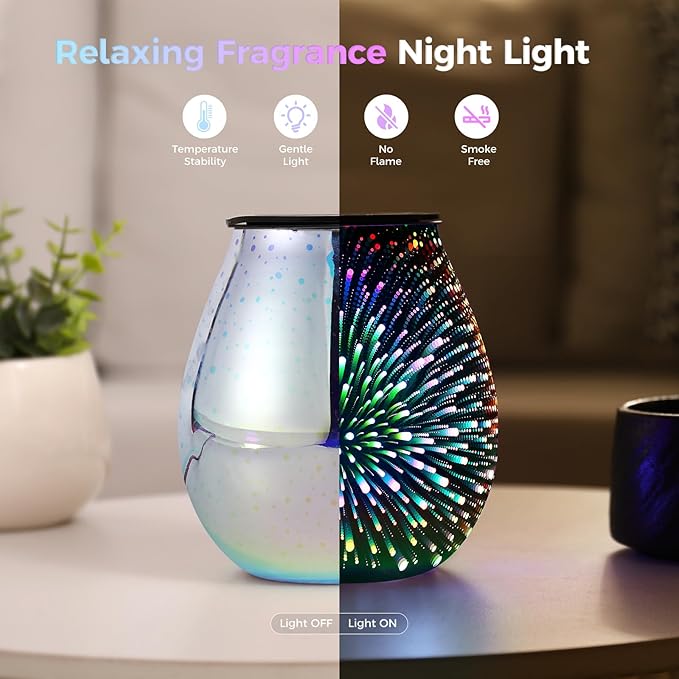 Inrorans Glass Electric Wax Melt Warmer Oil Burner with Stable Heating PTC Reusable Silicone Tray 7 Colorful Changing Led Light Night Light Scent Warmer for Home Fragrance Warmers-Fireworks Timer
