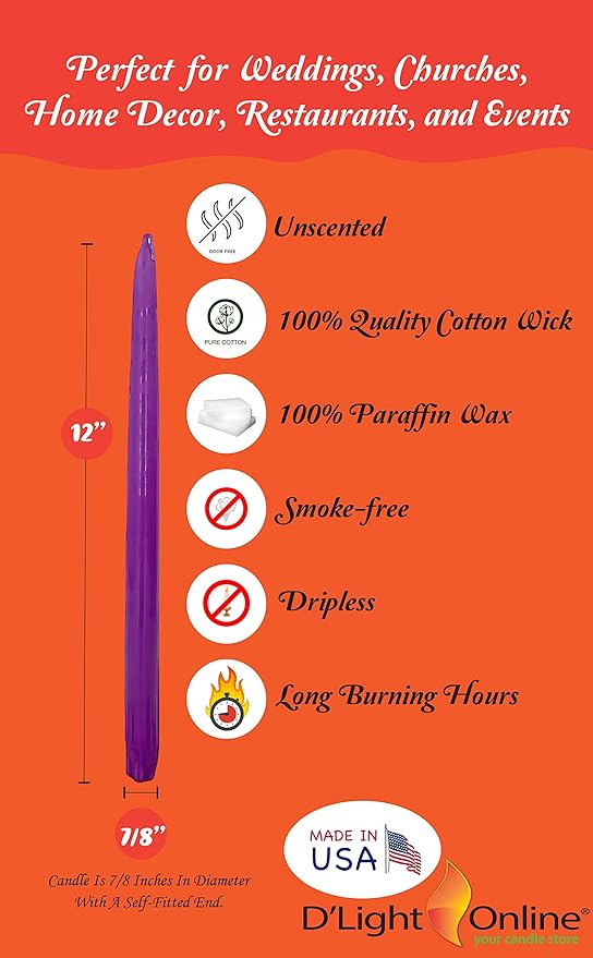 D'light Online Elegant 12" Unscented Lavender Taper Candles, Premium Quality Hand-Dipped Tapered Candles, Dripless and Smokeless - Set of 12 Individually Wrapped (12 Inch, Lavender)