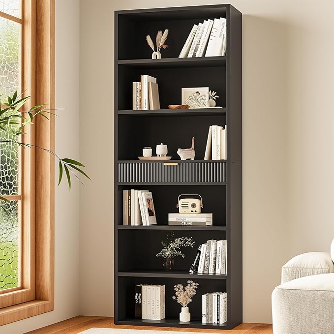 INNOD 72" Tall Bookshelf with Storage, 7-Tier Bookcase Fluted with Drawer, Display Book Shelf Book Organizer with Anti-tip Device, Home Decor Wood Furniture for Bedroom, Living Room and Office, Black