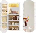 Lvifur Jewelry Armoires with LED Lights, Hanging Jewelry Storage Cabinet Lockable Wavy Mirror Jewelry Organizer, Lockable Frameless Mirror with Storage, LED Jewelry Cabinet Wall/Door Mounted(White)