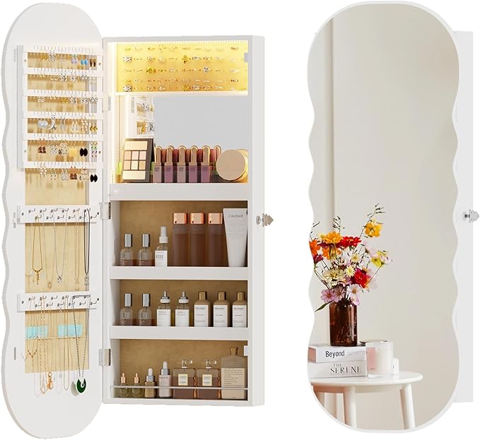 Lvifur Jewelry Armoires with LED Lights, Hanging Jewelry Storage Cabinet Lockable Wavy Mirror Jewelry Organizer, Lockable Frameless Mirror with Storage, LED Jewelry Cabinet Wall/Door Mounted(White)