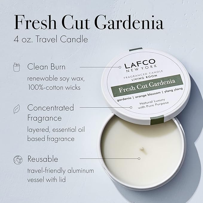 LAFCO New York Travel Candle, Fresh Cut Gardenia - 4 oz - 20-Hour Burn Time - Made in The USA