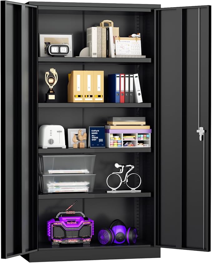 Superday Metal Storage Cabinets, 72" Storage Cabinet with Locking Door, Tall Garage Cabinet with 2 Doors and 4 Adjustable Shelves for Home Office, Classroom, Easy Assemble(Black)