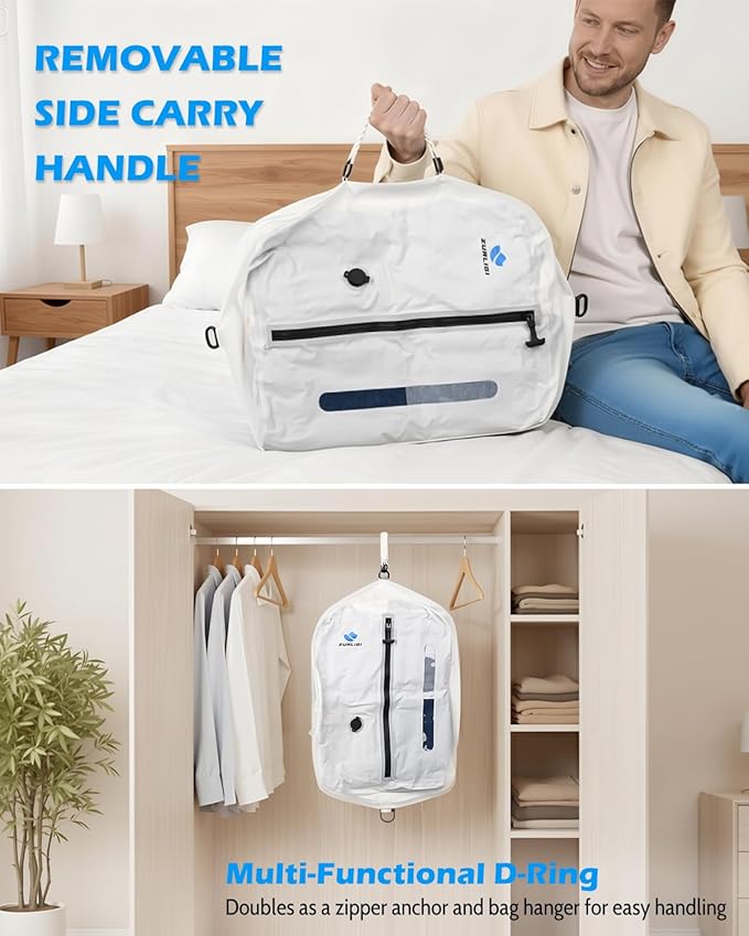 Zurligi Travel Vacuum Compression Bags with Removable Handle & Mini Pump – 39L Reusable IPX8 Waterproof Vacuum Packing Cubes, Vacuum Seal Bags for Clothes, Suitcase & Backpack(2-Pack White)