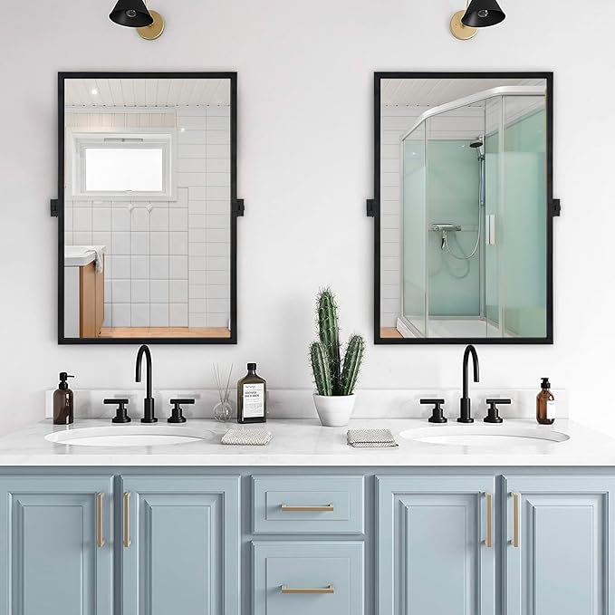 Rectangle Bathroom Mirror - 24x36 Inch Black Metal Framed Tilting Beveled Vanity Mirrors, Modern Pivot Mirror for Bedroom Bathroom Living Room Entrance