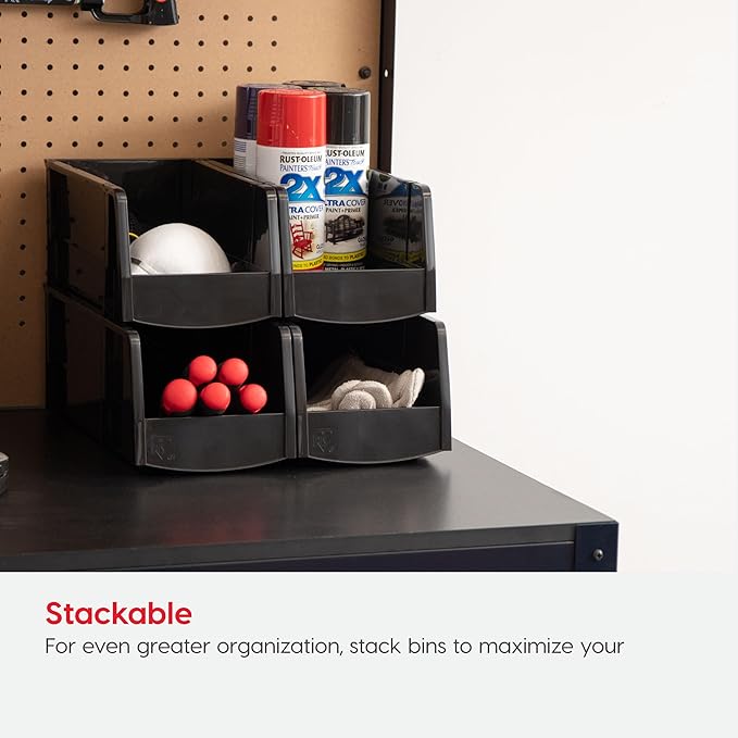 IRIS USA Small Stackable Storage Bins, 8-Pack, 7.5 x 4.5 x 3 inch, |Made in USA|, Plastic Open Front Shelf Bin for Organizing Parts, Hardware, Tools, Supplies, Garage Shelf, Pantry - Black