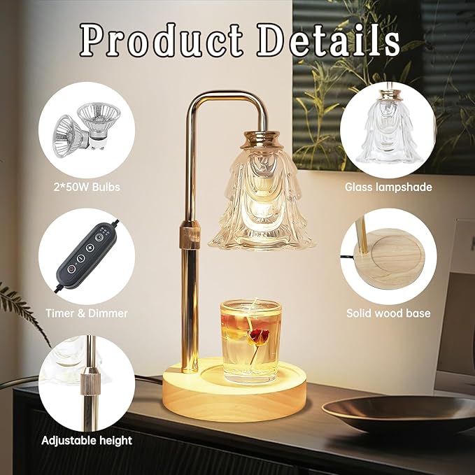 Candle Warmer Lamp with Timer Electric Adjustable Height Candle Warmer Dimmable Wax Warmer Lamp Jar Candles with 2 Bulbs for Home Decor & Office