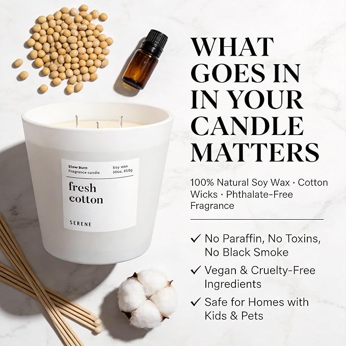 Hidden Label Fresh Cotton Scented Candle, Non Toxic 30oz Large 3-Wick Soy Wax Candle, Up to 120 Hours Long Burning, Clean Cotton Home Fragrance for Bedroom, Relaxation & Housewarming Gift