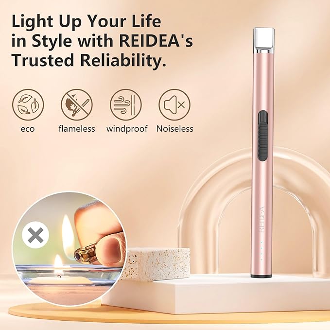 REIDEA 2 Pcs Electronic Candle Lighter Gift Arc Windproof Flameless USB Rechargeable Lighter with Safe Button for Home Kitchen (Rose Gold)