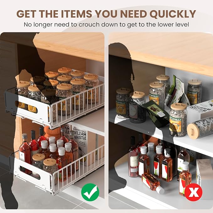 Pull Out Cabinet Organizer, 4 Pack Heavy Duty Slide Out Drawers Pantry Shelves Fixed With Strong Adhesive Glue and Handle for Kitchen, Living Room, Bathroom, Home (14.8" D X 9.6" W X 3.9" H)