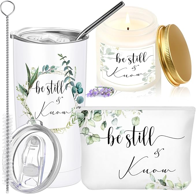 Sieral 3 Pcs Christian Easter Gift Set for Women 20oz Tumbler, Prayer Candle & Bible Verse Makeup Bag, Inspirational Religious Church Faith Birthday Gift for Mothers Day Mom(Be Still and Know)