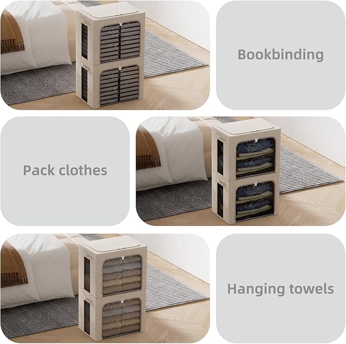FHSQX 2 Pack Clear Window Storage Bins - Large Stackable Linen Fabric Storage for Clothes Foldable Container Organizer Set with Carrying Handles (Beige, 16.5x 12.2x 12.2Inch)