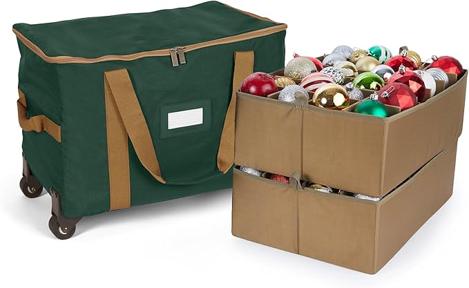 Covermates Keepsakes Rolling Adjustable Ornament Storage Bag – Heavy-Duty Polyester, FlexGrid Trays & Padded Dividers – Protective Holiday Organizer with Wheels, Handles & ID Window, Green
