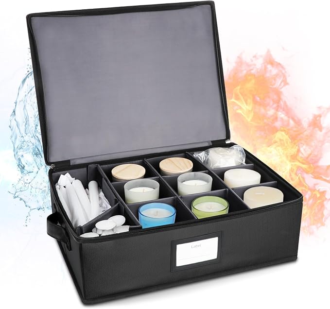 Fireproof Candle Storage Organizer Box with Dividers, Tissue Paper and Ziplock Bags Protects Aromatherapy, Jar, Taper, Pillar, Tealight Candles (1, Black, 17")