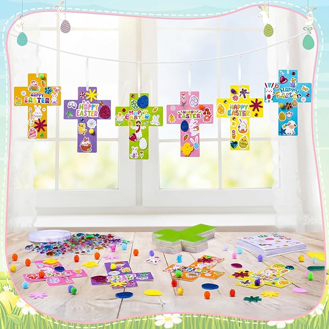 Funrous 48 Sets Easter Religious Crafts Bulk Cross Paper Crafts DIY Easter Eggs Bunny Jesus Christian Hanging Ornaments Arts with Stickers Pompoms for Sunday School VBS Classroom Spring Activities