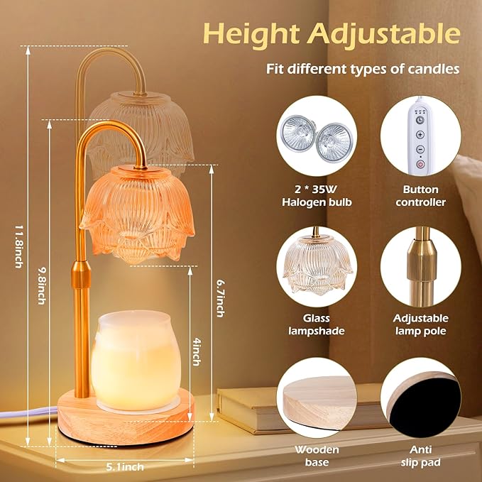 LOFTEK Candle Warmer Lamp with Timer - Dimmable - Adjustable Height, Electric Wax Melt Warmer Lamp with 2 Bulbs for Scente, Jar Candles, Vintage Home Room Decor, Warming Gift for Women, Gold Flower