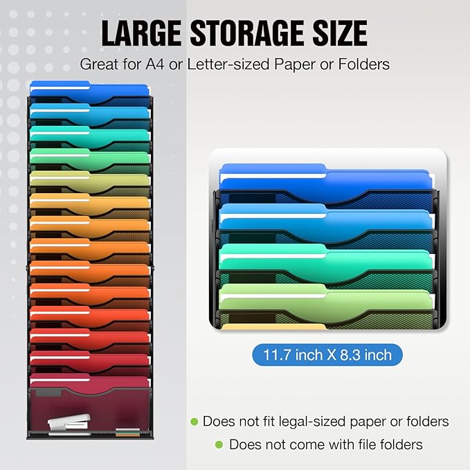 MINDEPOT 15 Tier Wall File Holder Hanging Wall File Organizer for Papers Mails Folders Document Magazine Organization, for Office School Home, Black