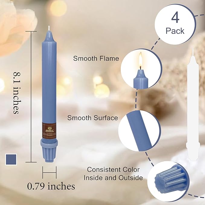 Haze Blue Candlesticks 8 inch Taper Candles- Dripless and Smokeless Candle Unscented - Slow Burning Candle Sticks - Pack of 4