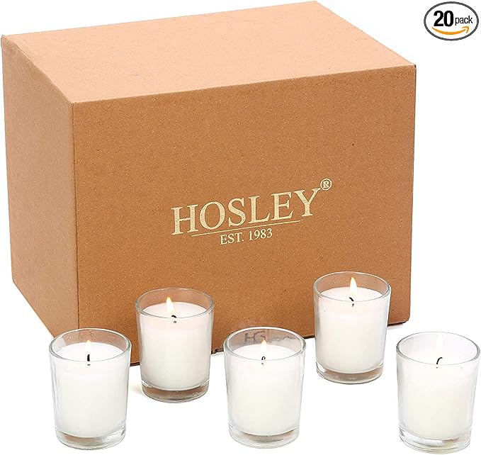 Hosley 20-Pack White Unscented Votive Candles in Clear Glass Holders Hand Poured Wax for Timeless Elegance and Versatile Décor Illuminate Every Moment