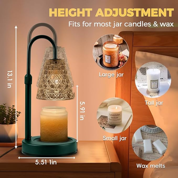 Candle Warmer Lamp Green with Timer Dimmable, Birthday Gifts for Women Mom, House Warming Gifts New Home Decor, Wax Melt Warmer for Jar Candles with 2 Bulbs