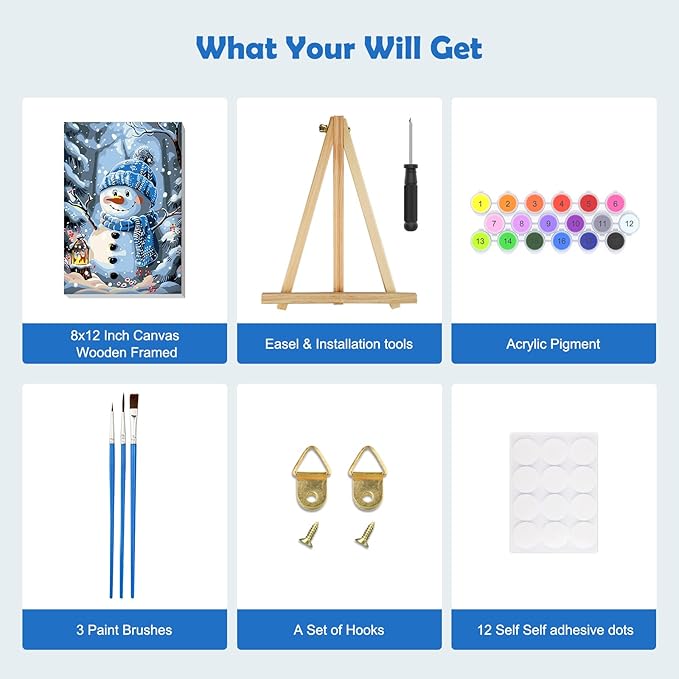 MOGTAA Christmas Paint by Numbers Kit for Adults Beginners with Frame, Christmas Snowman Adult Paint by Number Kits on Canvas with Easel, Easy DIY Winter Oil Painting Kits for Home Decor, 8x12in