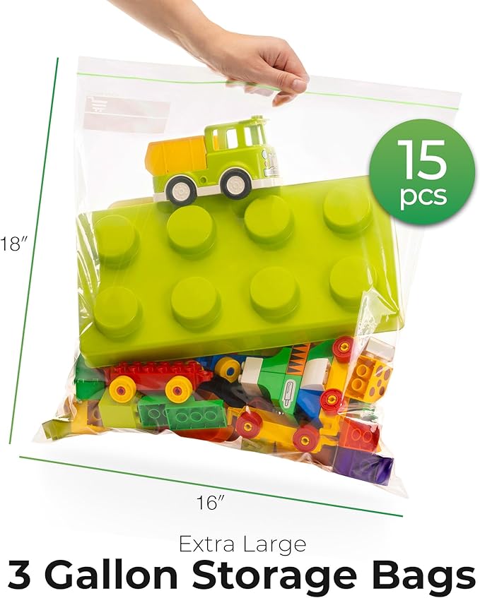 3 Gallon Storage Bags - 15 Count, Extra Strong And Super Durable, 2 Mil Thick, Leak-Proof Unique Zipper, Extra Large Storage Bags for Home & Travel