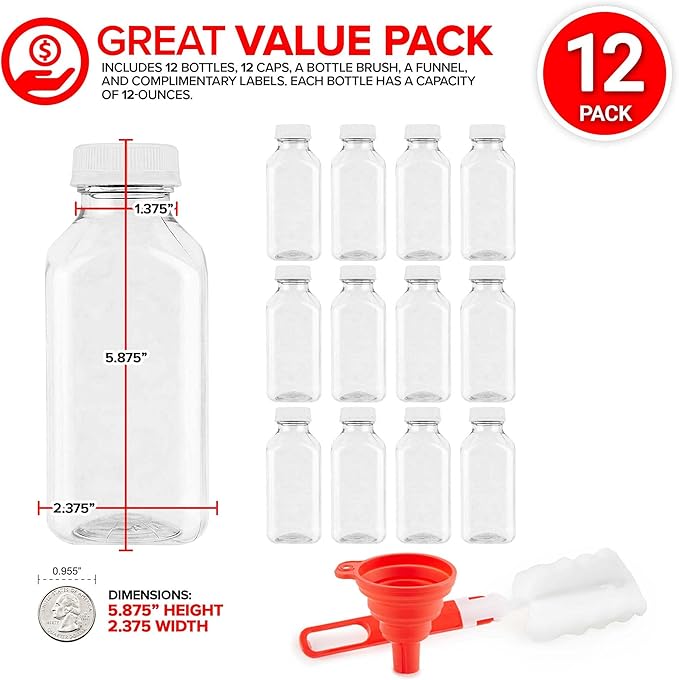 Juice Bottles with Caps for Juicing & Smoothies, Reusable Clear Empty Plastic Bottles with Caps, 12 Ounce Drink Containers for Mini Fridge, Juicer Shots, Small Water Bottles Bulk 12 oz (12 Pack)