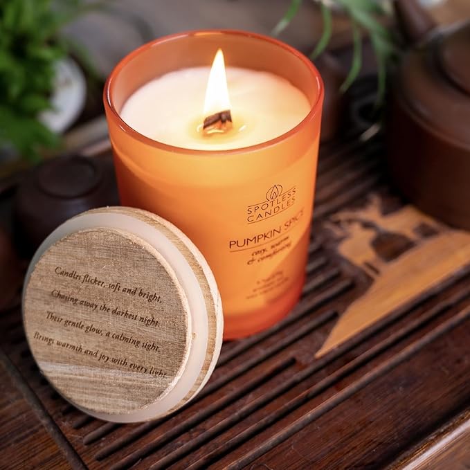 Pumpkin Spice Candle 9.7 oz: 55 Hrs Burn Time - Pumpkin Spice Scented Candles in Frosted Glass Jar with Wooden Crackling Wick in a Luxurious Gold Foil Lined Gift Box