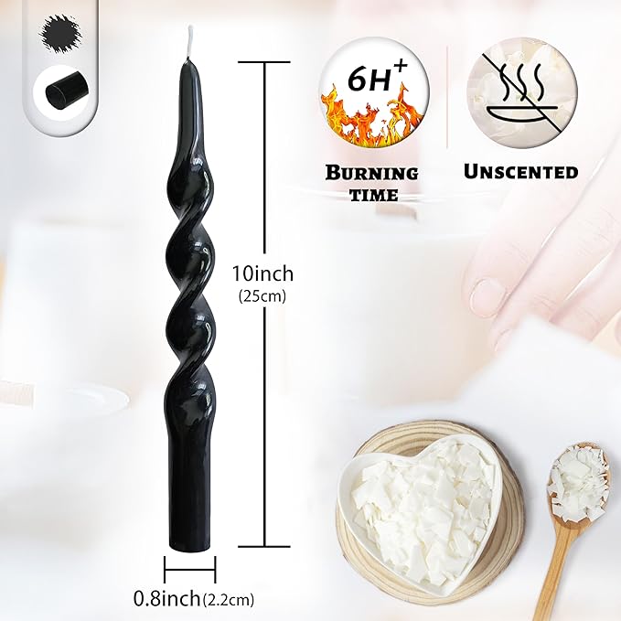 Dripless Unscented Spiral Candles 10 Inch Black Smokeless Long Burning Twist Design Candlesticks for Home Décor Dinner Party Romantic Evenings