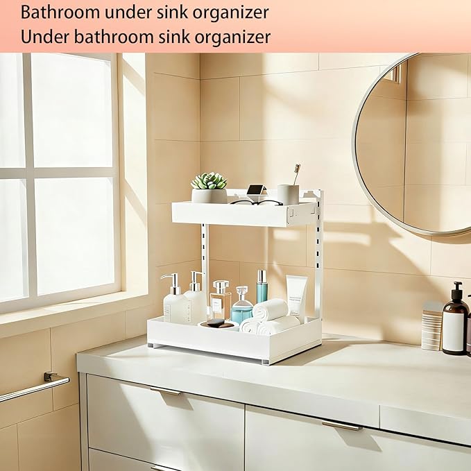 Under Sink Organizer, Bathroom Counter Organizer, 2 Pack 2 Tier L-Shape White, Adjustable Height Carbon Steel, Under Cabinet Storage with Pull Out Drawer, Use for Kitchen Bathroom Office Shop Laundry