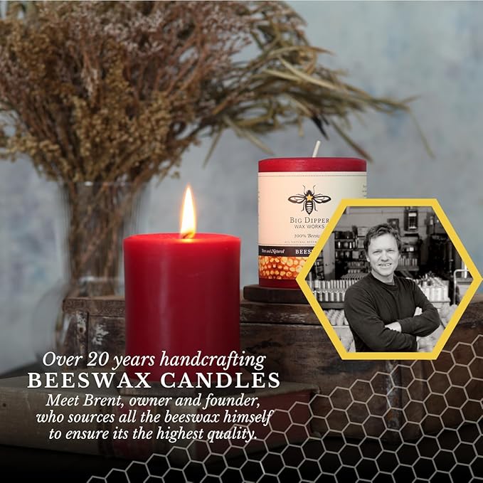 Big Dipper Wax Works Red Pillar Candle, 40-Hour Long Burn, Pure Beeswax Candle, 2" x 4.75”