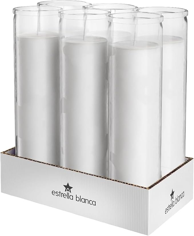 7 Day White Candles, 6 Pack of Unscented Devotional Candle in Clear Glass Jars, Long-Lasting Burn for Vigils, Prayer, Memorials, Meditation, Religious Catholic, Veladoras Blancas