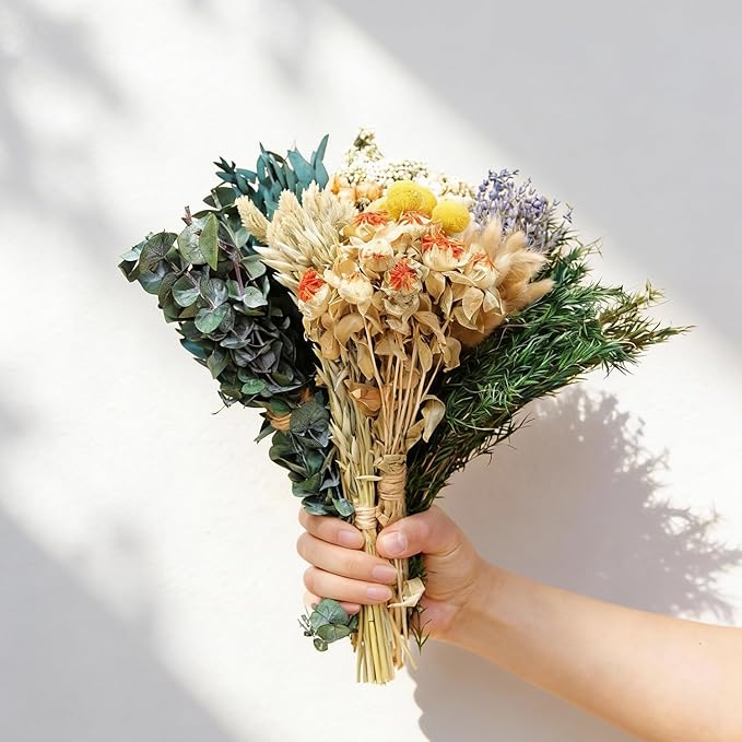 12 Kinds of Handmade Dried Flowers, Natural Pampas Grass, Eucalyptus, Rabbit Tail Grass, Lavender, Romantic Wedding Decoration, Home Decoration（Green Series）
