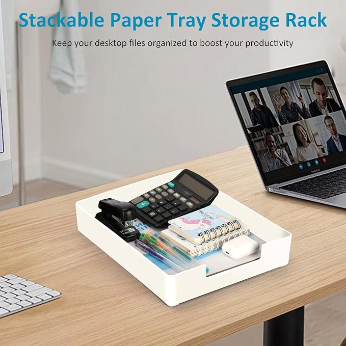 Desk Organizer Tray, 1-Pack A4 Letter-Size Tray, Plastic Printer Paper Holder, Rectangular Desktop Stackable File Holder for Office Supplies School Home, Mail Document Storage Containers (White)