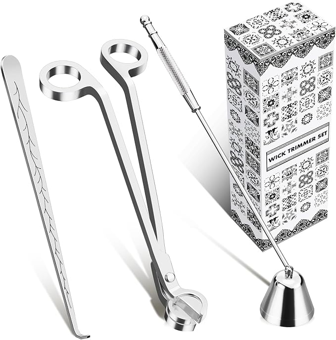 calary Candle Wick Trimmer, Candle Snuffer and Wick Dipper & Candle Accessory Set, 3 in 1 Candle Care Kit for Candle Lover (Silvery)