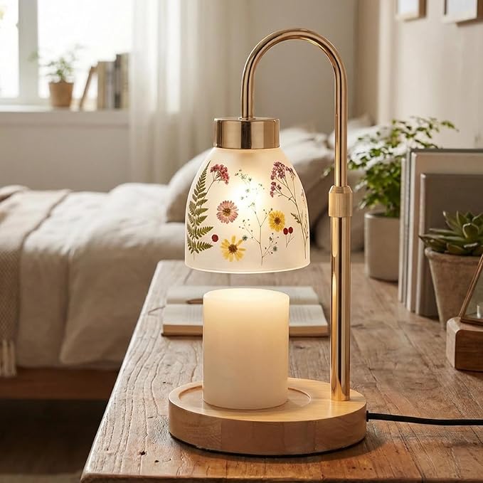 Baquler Pressed Flower Candle Warmer Lamp with Timer Dimmable Adjustable Height Vintage Boho Flower Candle Wax Lamp Housewarming Gifts for Women Mom Birthday Home Bedroom Decor(Transparent Style)
