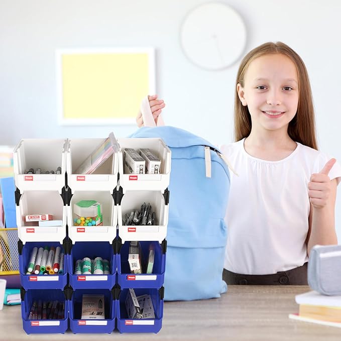 Stackable Storage Bins 12 Pack (7x5x4 Inch), Plastic Stackable Storage Organizer Bins Wall Mounted Hanging Small Parts Bin for Garage, Workbench & Office (Blue & White)